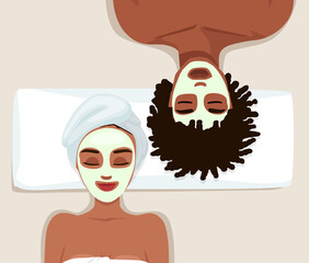 Portrait of couple with clay facial masks on their faces. Spa skin care treatment of girlfriends in bathrobe and headbands. Colored flat vector illustration isolated on white background