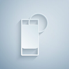 Paper cut Tequila glass with lemon icon isolated on grey background. Mexican alcohol drink. Paper art style. Vector