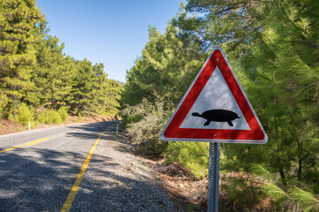 Road sign warning about land turtles crossing the road in Turkey