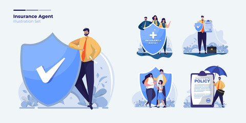 Insurance agent illustration set with family protection, agent profile and policy concept