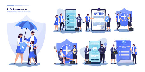 Life insurance and family health care protection illustration set
