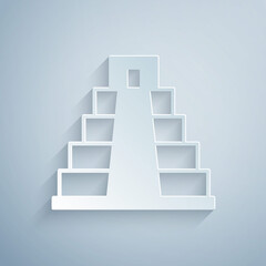 Paper cut Chichen Itza in Mayan icon isolated on grey background. Ancient Mayan pyramid. Famous monument of Mexico. Paper art style. Vector