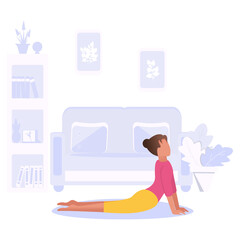 Woman practices yoga at home. Healthy lifestyle concept. Rest, treatment, prevention. All-season indoor training. Cartoon lifestyle. Vector.