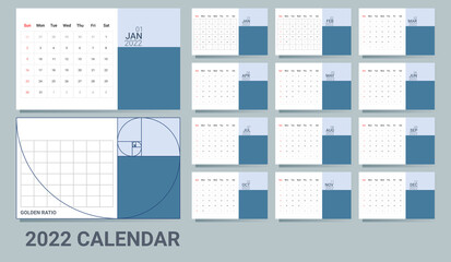 Calendar of 2022 on english.set of 12 months. week start on sunday.sunday as weekend. desk calendar. calender design with golden ratio. blue themes. good for schedule, diary, business, planner, etc. - obrazy, fototapety, plakaty