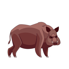 Wild boar watching around. Cartoon character of a big mammal animal. A wild forest creature with brown fur. Side view. Vector flat illustration isolated on a white background