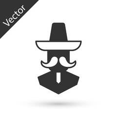 Grey Mexican man wearing sombrero icon isolated on white background. Hispanic man with a mustache. Vector