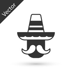 Grey Mexican man wearing sombrero icon isolated on white background. Hispanic man with a mustache. Vector