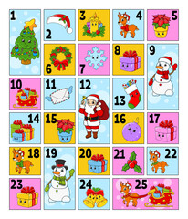 Christmas advent calendar with cute characters. Santa claus, deer, snowman, fir tree, snowflake, gift, bauble, sock. Cartoon style. With numbers 1 to 25. Vector illustration. Holiday preparation.