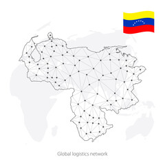Global logistics network concept. Communications network map Venezuela  on the world background. Map of Venezuela  with nodes in polygonal style and flag.  EPS10. 