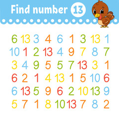 Find number. Education developing worksheet. Activity page with pictures. Game for children. Color isolated vector illustration. Funny character. Cartoon style.