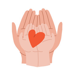 The hands of an adult and a child hold the heart. The adult imparts kindness, love and charity to the child. Blood Donate.Vector isolated fully editable illustration on white background.