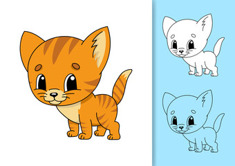 Obraz premium Pet cat. Set of vector illustrations isolated on white and colored background. Design element. Black stroke. Cartoon style.
