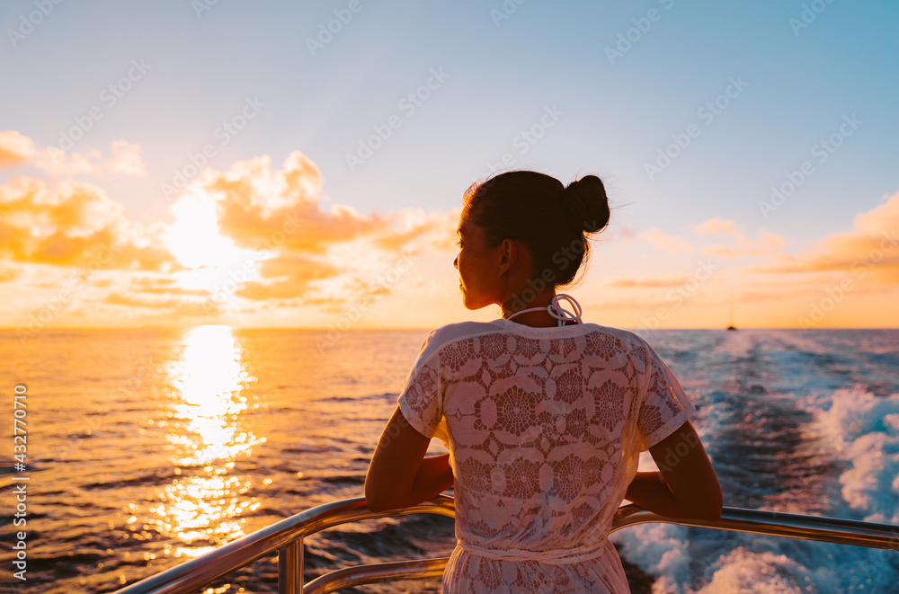 Wall mural cruise ship vacation woman watching sunset boat deck on summer travel. silhouette of tourist relaxin - Wall murals