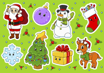 Set of stickers with cute cartoon characters. Christmas theme. Hand drawn. Colorful pack. Vector illustration. Patch badges collection. Label design elements. For daily planner, diary, organizer.