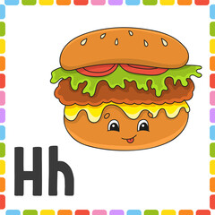 English alphabet. ABC square flash cards. Cartoon character isolated on white background. For kids education. Developing worksheet. Learning letters. Color vector illustration.