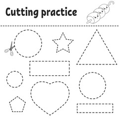 Cutting practice for kids. Education developing worksheet. Activity page with pictures. Game for children. Isolated vector illustration. Funny character. Cartoon style.