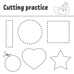 Cutting practice for kids. Education developing worksheet. Activity page with pictures. Game for children. Isolated vector illustration. Funny character. Cartoon style.