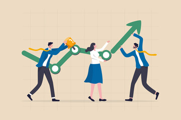 Business development process, plan or strategy to achieve success, teamwork and collaboration concept, business people help building or developing company growth graph with up rising arrow.