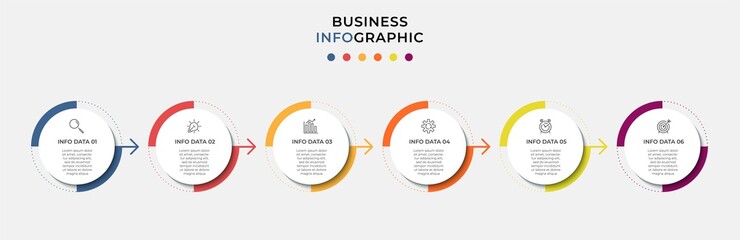 Vector Infographic circle label design business template with icons and 6 options or steps. Can be used for process diagram, presentations, workflow layout, banner, flow chart, info graph