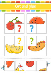 Cut and glue. Set flash cards. Color puzzle. Education developing worksheet. Activity page. Game for children. Funny character. Isolated vector illustration. Cartoon style. Barbecue theme.