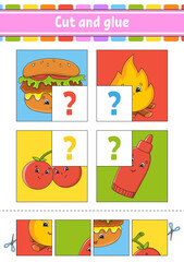 Cut and glue. Set flash cards. Color puzzle. Education developing worksheet. Activity page. Game for children. Funny character. Isolated vector illustration. Cartoon style. Barbecue theme.