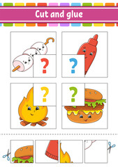 Cut and glue. Set flash cards. Color puzzle. Education developing worksheet. Activity page. Game for children. Funny character. Isolated vector illustration. Cartoon style. Barbecue theme.