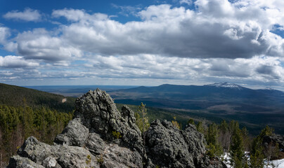 Fototapeta na wymiar Ural mountains Konzhakovsky and Serebryansky kamen in May, Russia, Sverdlovsk region