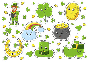 Obraz premium Set of stickers with cute cartoon characters. St. Patrick's Day. Hand drawn. Colorful pack. Vector illustration. Patch badges collection for kids. For daily planner, organizer, diary.