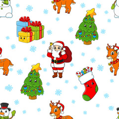 Colored cartoon seamless pattern. Christmas theme. Cartoon style. Hand drawn. Vector illustration isolated on white background.