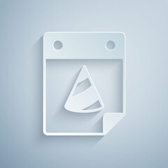 Paper cut Calendar party icon isolated on grey background. Event reminder symbol. Paper art style. Vector