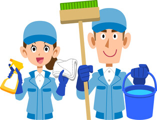 清掃用具を持った清掃作業員の男性と女性の上半身
