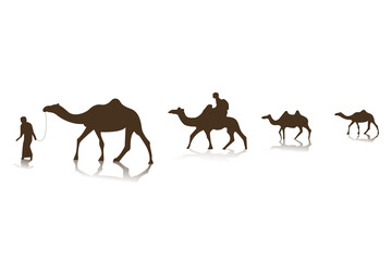 Pilgrim traveler with a herd of camels on white background. Concept illustrator Ramadan festival.