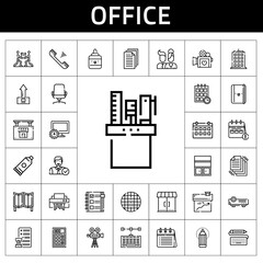 office icon set. line icon style. office related icons such as shredder, glue, upload, employee, pencil case, house, building, computer, projector, entrances, notebook, calendar