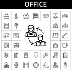 office icon set. line icon style. office related icons such as notes, wall clock, filing cabinet, clipboard, building, bank, postcard, pen, binder, entrance, chest of drawers, pushpin