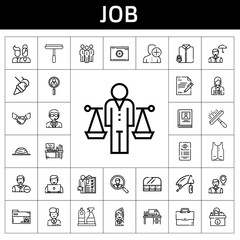 job icon set. line icon style. job related icons such as trowel, handshake, job search, briefcase, doorman, contract, vest, suit and tie, biography, employee, users, skills