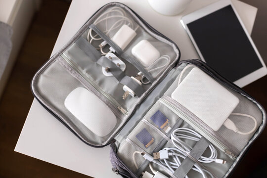 Closeup modern comfortable storage case electronic device and tools at save package for travel