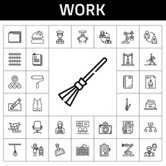work icon set. line icon style. work related icons such as sponge, vertical, dustpan, employee, filing cabinet, clipboard, bank, file, postman, photographer, industrial robot, keyboard
