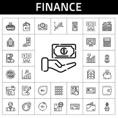 finance icon set. line icon style. finance related icons such as online shopping, cash register, pie, line chart, online shop, bank, mortgage, percentage, bar chart, funds