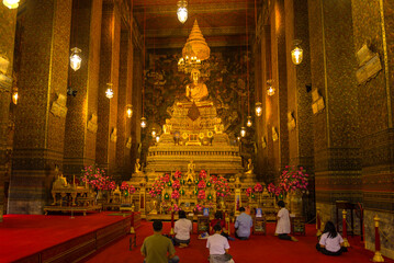 In the wihan of the Wat Phra Chetuphon Buddhist temple. Temple complex of the Reclining Buddha (Wat...