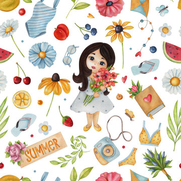 Seamless watercolor pattern with girl, flower, cherry, book, photo camera, bikini, flip flop, berry, and kite on white background.  Ideal for postcards, greeting cards, wrapping and other design.