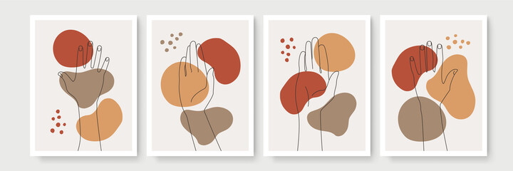 Minimal boho poster. Modern hand gesture abstract botanical wall art decor with nature elements, hand gesture, hand line, hand vector, tropical leaves, fruits, abstract organic