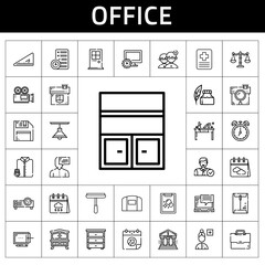 office icon set. line icon style. office related icons such as door, ink pen, diskette, employee, laptop, house, bank, computer, balance, projector, window cleaner, hospital