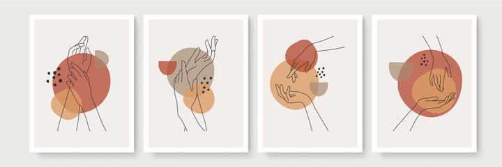 Abstract hand gesture blob sun moon poster set. Contemporary minimalist backgrounds modern boho style. Mid century wall decor, vector art print