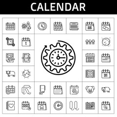 calendar icon set. line icon style. calendar related icons such as calendar, diary, planning, moon, tampon, contact, ox, clock, wedding video, time, salary, pig