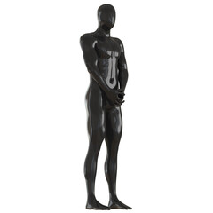 Black male faceless mannequin stands holding his hands at waist level on a white background. 3d rendering