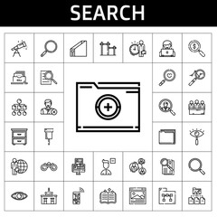 search icon set. line icon style. search related icons such as searching, filing cabinet, employee, observe, analytics, candidate, bar, navigation, spellbook, pin, browser