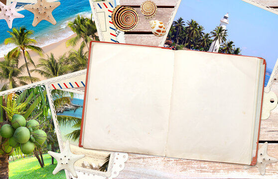 Vintage travel background with retro photos and old book