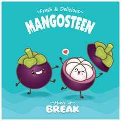 Vintage food poster design with mangosteen character.