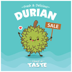 Vintage food poster design with durian character.