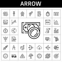 arrow icon set. line icon style. arrow related icons such as rising, gender, high voltage, wall clock, file, pin, browser, bar chart, share, drag, geolocalization, cloud computing